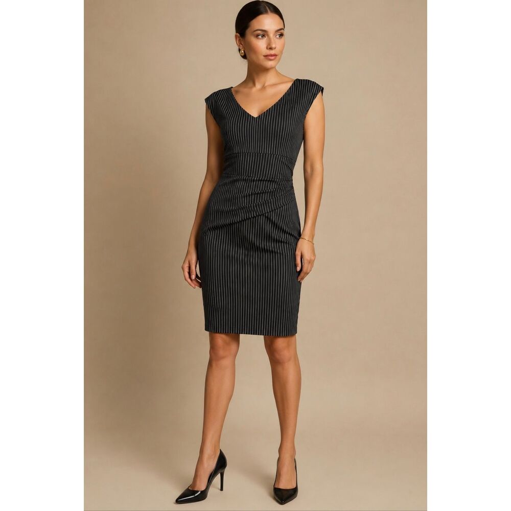 DVF Bevin Black Grey Pinstripe Ruched Sheath Dress NWT 6
